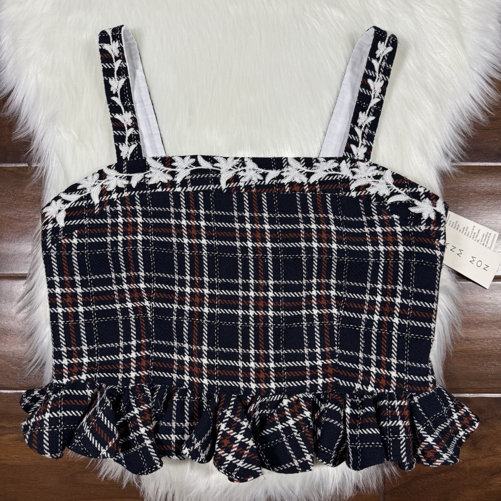 Fanm Mon Women's Size XL‎ Navy Blue White Tweed Smocked Peplum Cropped Tank Top